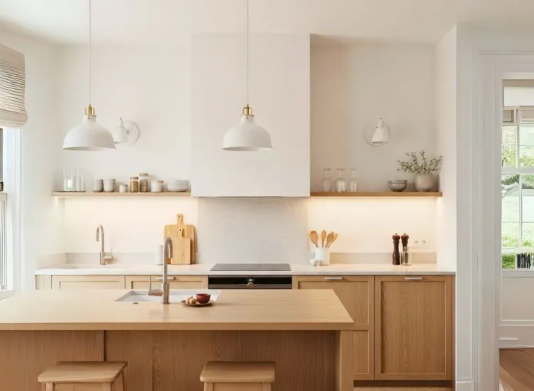 13. Scandinavian Kitchen Lighting design Scandinavian kitchen lighting design with minimalist pendant lights and soft lighting in kitchen for a serene, clutter-free atmosphere.