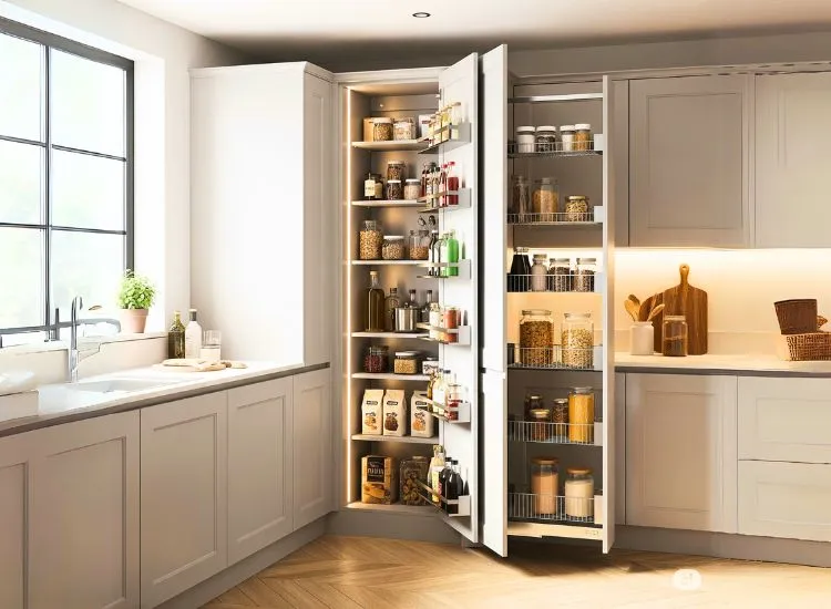 14. Tall Units And Pantry Pull Outs Tall units and pantry pull-outs in modular kitchen design maximize vertical storage for small kitchen efficiency.