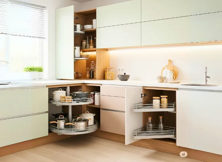 15. Corner Crousel Corner carousels in modular kitchen design use awkward spaces smartly for better storage and easy access.