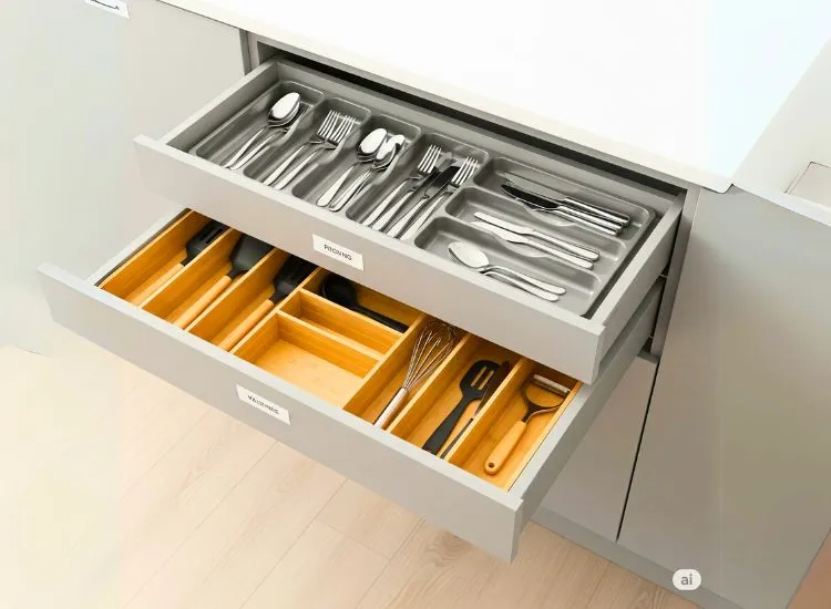 16. Cutlery And Utensils Organizers Cutlery and utensil organizers in modular kitchen design for tidy storage and easy access in small kitchens.