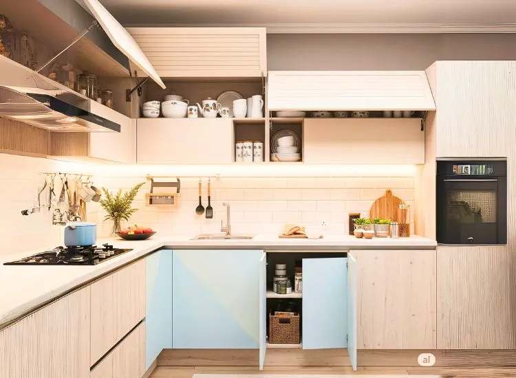 17. Sleek Overhead Cabinet Overhead cabinets in modular kitchen design add extra storage while keeping the kitchen sleek and organized.