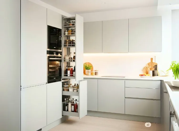17. Tall Unit And Vertical Space Tall units maximize vertical space in modular kitchen design, perfect for compact kitchens needing smart storage.