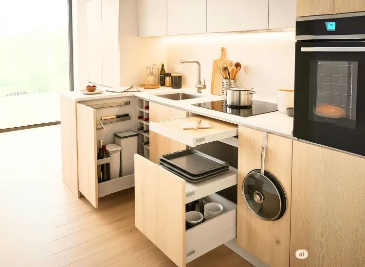 18. Hidden Storage Hacks Hidden storage hacks in modular kitchen design boost space efficiency and keep kitchens clutter-free and stylish.