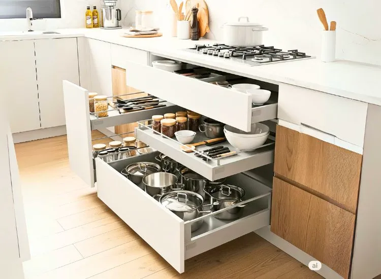 18. Under Counter Storage Under-counter storage in modular kitchen design offers smart space use for small kitchens and organized interiors.