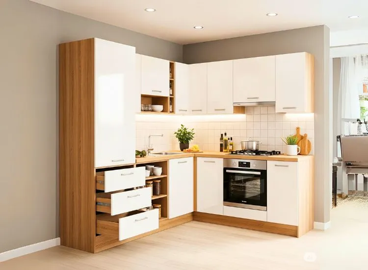 2. What Is Modular Kitchen Simple design of modular kitchen with cabinets and shelves, explaining the concept of modular kitchen design.