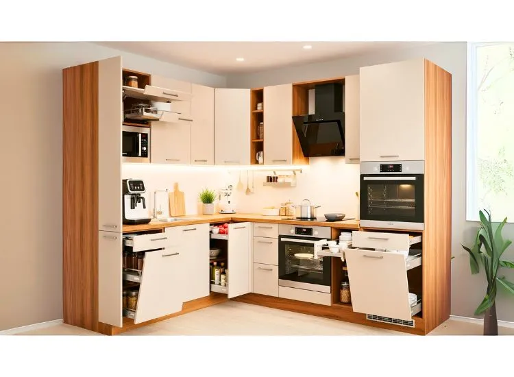3. How To Improve Its Functionality In Space Saving Modular design for small kitchen with pull-out drawers and tall units to boost space and kitchen functionality.