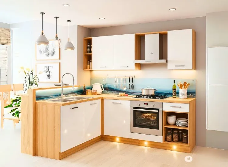 4. L Shape Modular Kitchen L-shaped modular kitchen design with smart corner storage, ideal for modular design for small kitchen spaces.