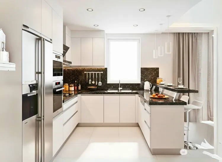 5. U Shape Modular Kitchen U-shaped modular kitchen and interior design with ample counter space and modern storage for efficient cooking.