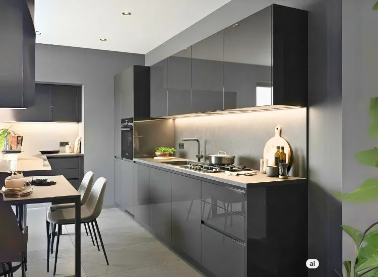 6. Straight Or One Wall Kitchen Straight modular kitchen design with sleek cabinets, ideal modular design for small kitchen and minimal spaces.