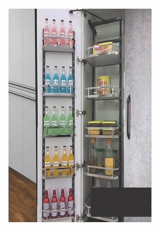 Avocetmobily Pantry Tall Unit Alloy Steel and Wood Silver (Cabinet Width 450mm 12 Baskets)