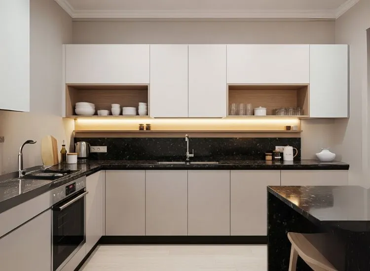 Black Granite and White Cabinets Stylish modular kitchen featuring black granite and white cabinets with a striking kitchen color design that blends contrast and modern elegance.