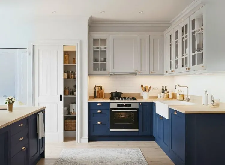 Blue White or Blue Gray Simple kitchen Simple kitchen colour combination featuring blue & white or blue & gray tones, offering a calm, balanced look ideal for minimalist modular kitchens.
