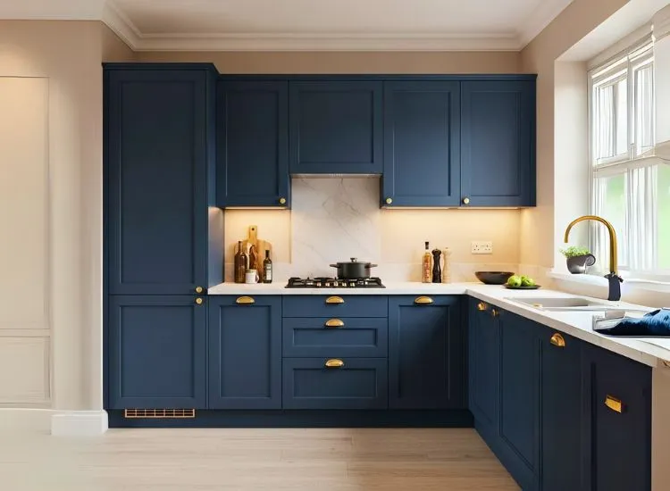 Bold Colors with Neutrals Simple kitchen colour combination featuring bold hues paired with neutrals for a striking modular kitchen design that balances energy with elegance.