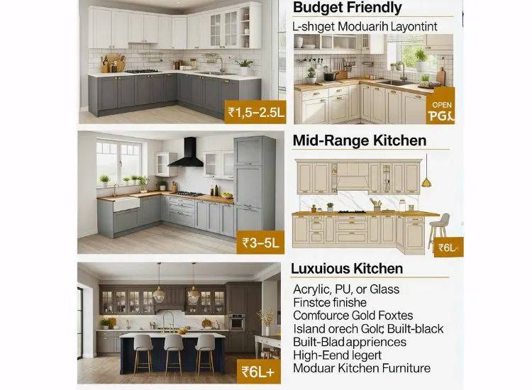 Cost Of Modular Kitchen Design Infographic detailing the cost breakdown of modular kitchen design in India for 2025, highlighting price ranges for various layouts and finishes.