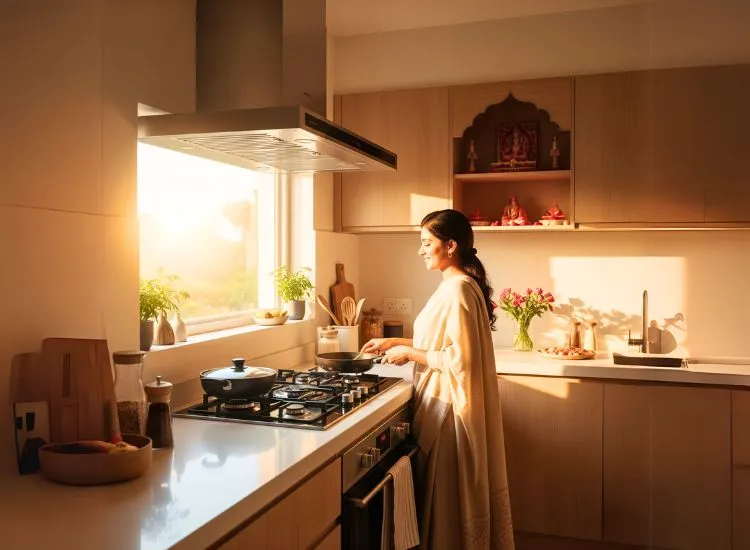 Direction Of Kitchen Direction of cooking in modular kitchen design follows Vastu principles for smooth and positive kitchen energy.