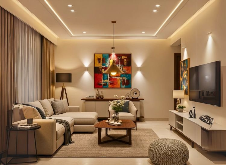 Focus on Lighting Layers Modern living room design with layered lighting, combining ambient, task, and accent lights for stunning living room designs ideas.