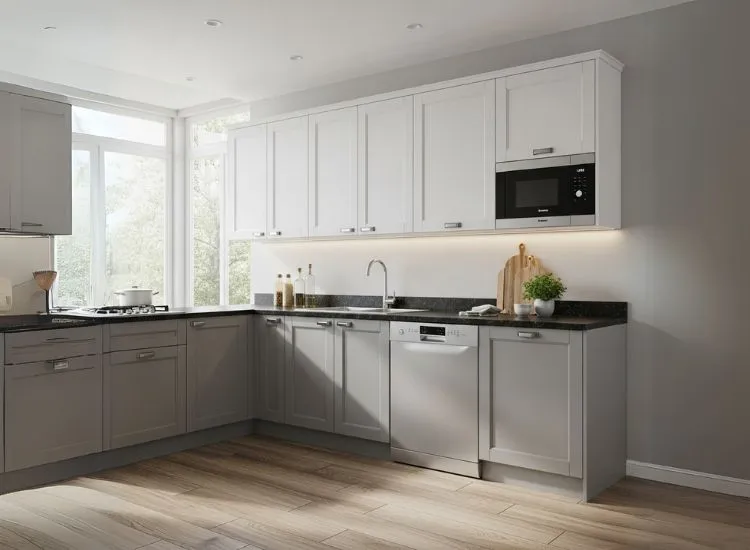 Gray White Modular Kitchen Sophisticated gray and white modular kitchen showcasing a timeless kitchen color combination that enhances elegance, light, and modern appeal.