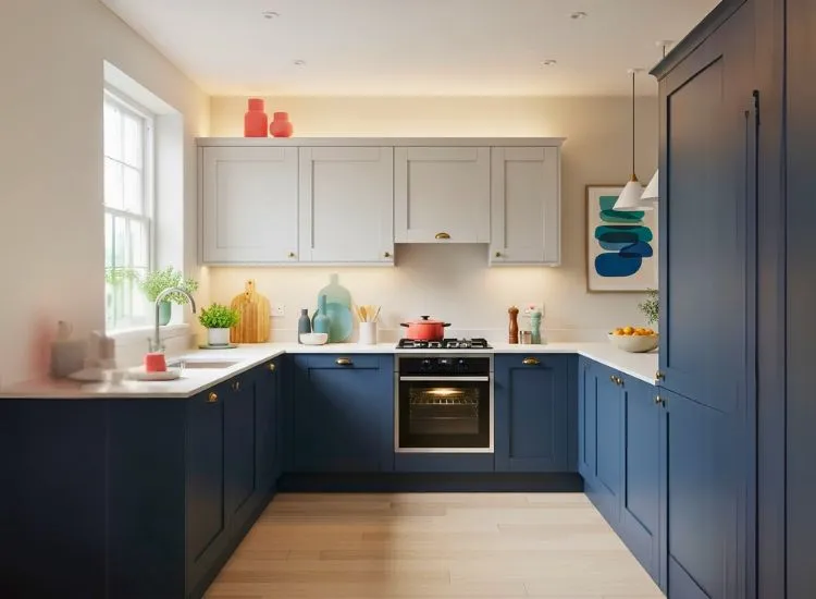 Kitchen Color Combination Elegant modular kitchen featuring a balanced kitchen colour combination that helps understand the impact of hues on space, mood, and functionality.