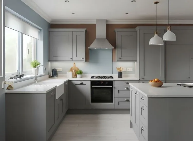 Kitchen Color Design Ideas Gray Cabinets Modern kitchen color design featuring gray cabinets and white quartz countertops for a sleek, stylish modular kitchen with contemporary elegance.
