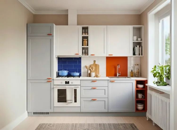 Kitchen Colour for a Modern Look Modern kitchen featuring a simple kitchen colour combination that blends soft neutrals and bold accents for a clean, elegant, and contemporary feel.