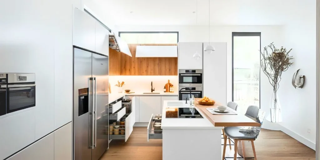 Modern modular kitchen design with smart storage and sleek modular kitchen and interior design.