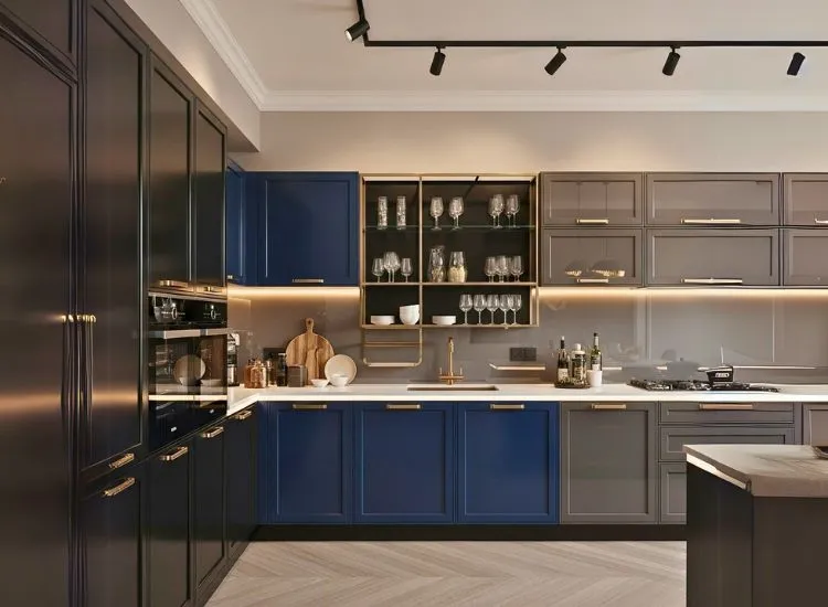 Modular Kitchen Luxurious Look Luxurious modular kitchen showcasing a refined kitchen colour combination with rich tones and elegant finishes for a high-end, sophisticated ambiance.