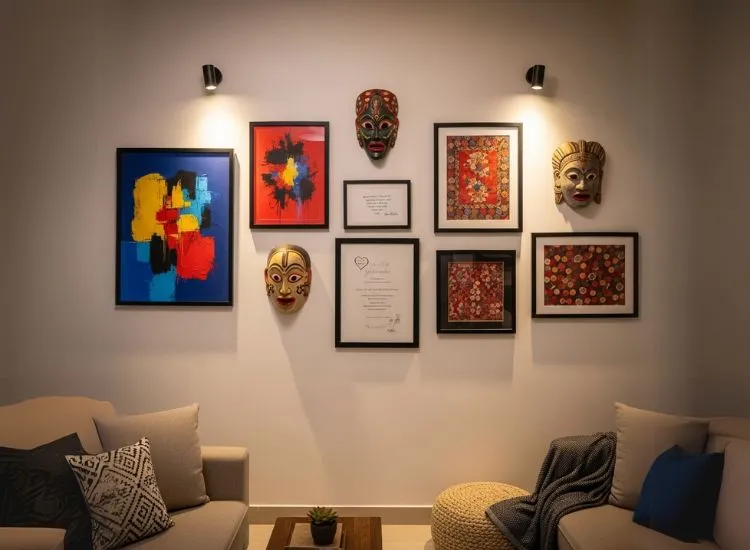 Showcase Art Decor Modern living room design with curated art and decor pieces, reflecting elegant and personalized living room designs ideas.