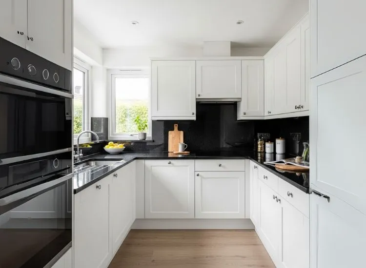 Simple Kitchen Colour Combination Simple kitchen colour combination with white cabinets and black granite countertops for a clean, timeless modular kitchen with striking contrast.