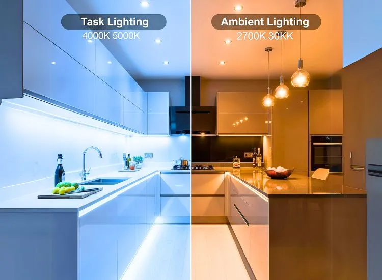 Task vs Ambient Light Task vs ambient lighting in modular kitchen design balances bright work lights and soft mood lighting for kitchens.