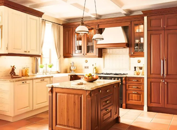 Traditional Modular Kitchen Design Traditional kitchen design with warm tones and wood finishes, blending classic style with modular kitchen design ideas.