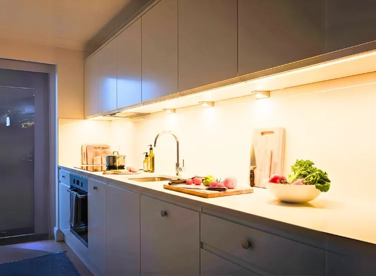 Under Cabinet Lights Under-cabinet lights in modular kitchen design brighten countertops and enhance workspace functionality.
