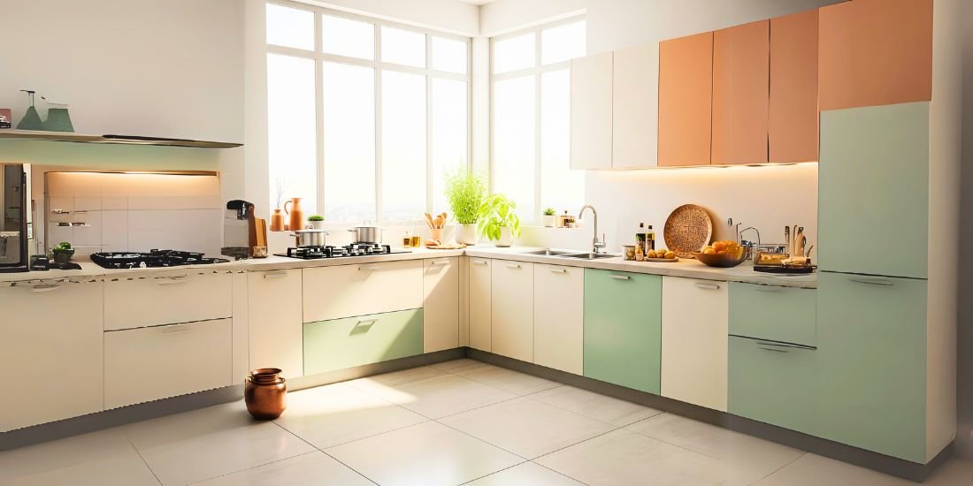 Smart modular kitchen showing perfect direction of kitchen as per vastu and balanced colour as per vastu