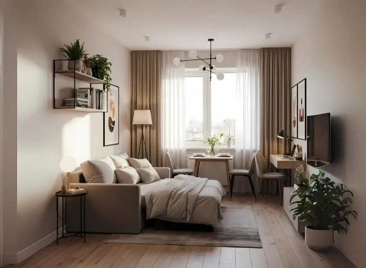 1 Modern studio apartment studio showcasing smart space-saving furniture and multifunctional design — perfect for studio apartment room ideas and decorating inspiration.