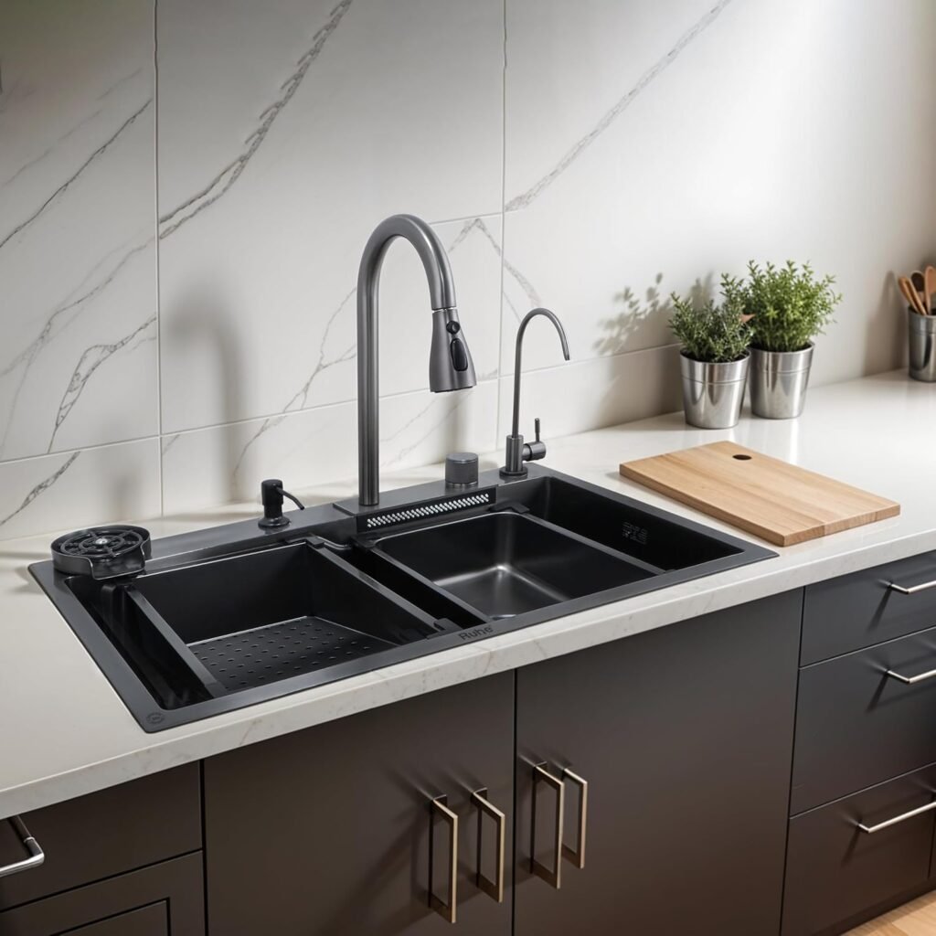 Ruhe® Nano Black Single Bowl Smart Kitchen Sink with Integrated Waterfall