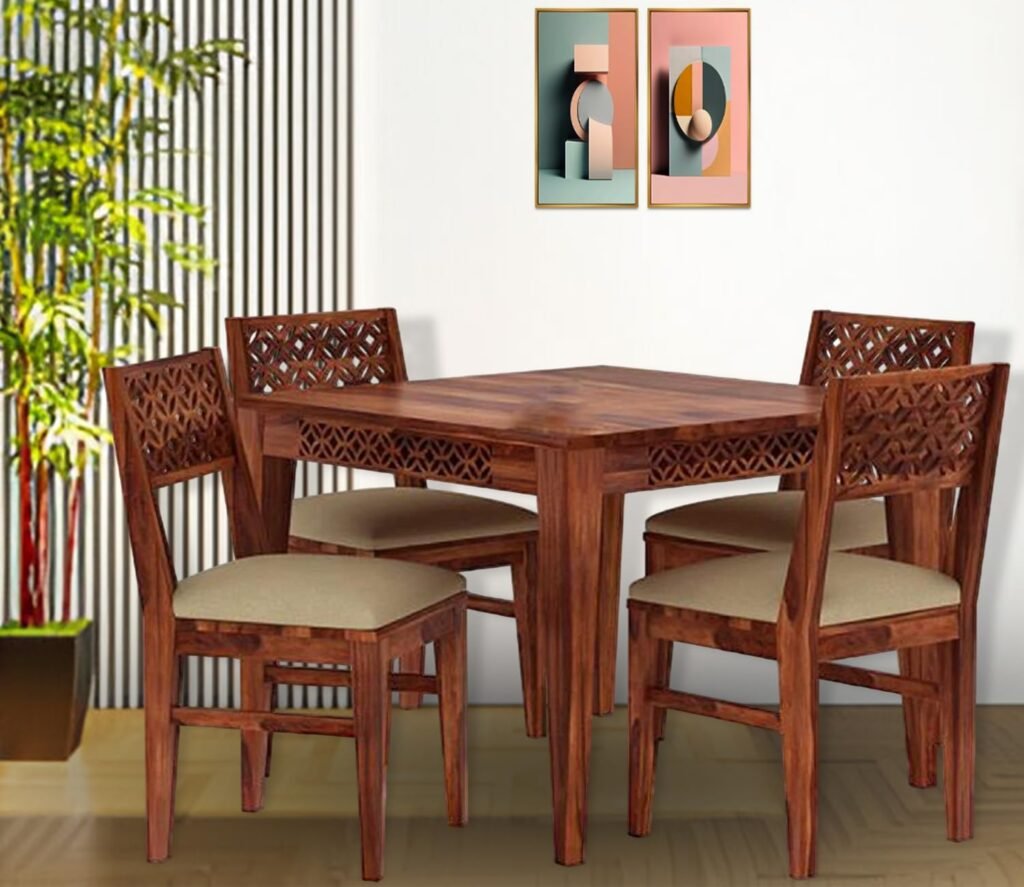 Porash Furniture Sheesham Wood 4 Seater Dining Table with 4 Cushion Chairs