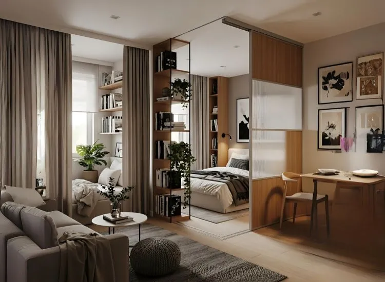 Apartment Decorating Ideas Using Bookshelves Curtains Stylish studio apartment decorating ideas with bookshelves, curtains, and sliding partitions — creative studio apartment interior ideas for divided spaces.