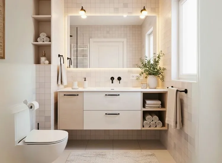 Bathroom Inspiration with Monochromatic or Light Color Small bathroom design ideas using light or monochromatic color palettes to create an airy and spacious visual effect.