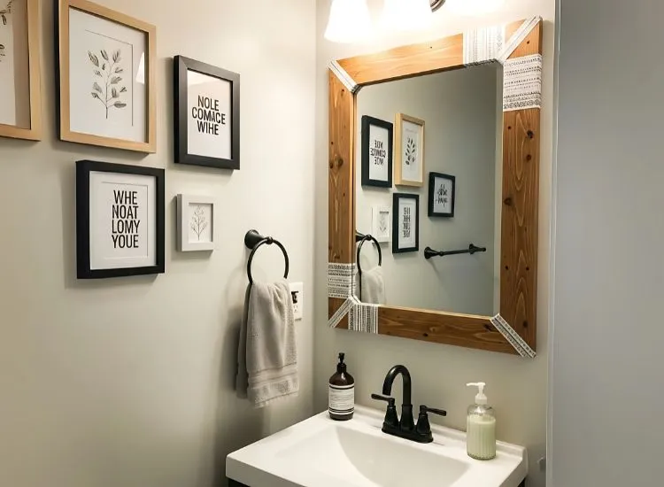 Budget Friendly Small Bathroom with DIY Mirror Frame Affordable small bathroom design ideas using DIY mirror framing and painted fixtures to upgrade style on a budget.