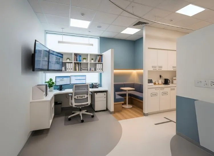 Comfort Zones For Staff Clinic interior design ideas that prioritize staff comfort with dedicated back-end zones—thoughtful interior design for clinic functionality and well-being.