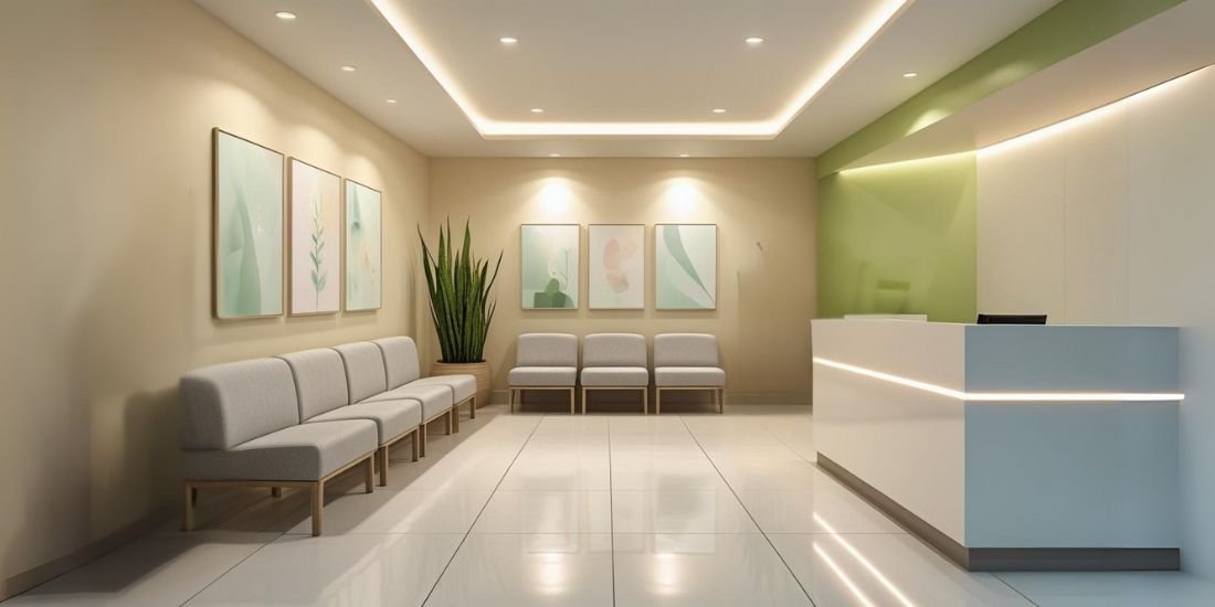 Feature image showing a modern clinic interior with calming colors, modular furniture, soft lighting, and a welcoming waiting area.