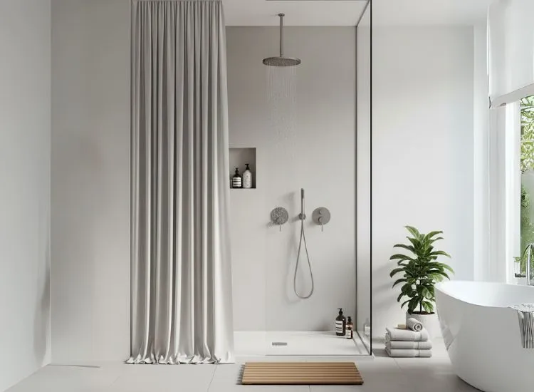 Enhance Small Bathroom Spaces with Floor Stylish small bathroom design ideas using floor-to-ceiling shower curtains or glass panels to create a spacious, modern look.