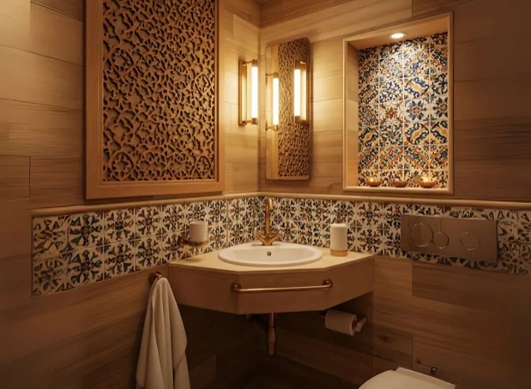 Indian Style Small Bathroom with Jaali or Tile Art Cultural small bathroom design ideas inspired by Indian-style decor featuring jaali patterns and artistic tile accents.