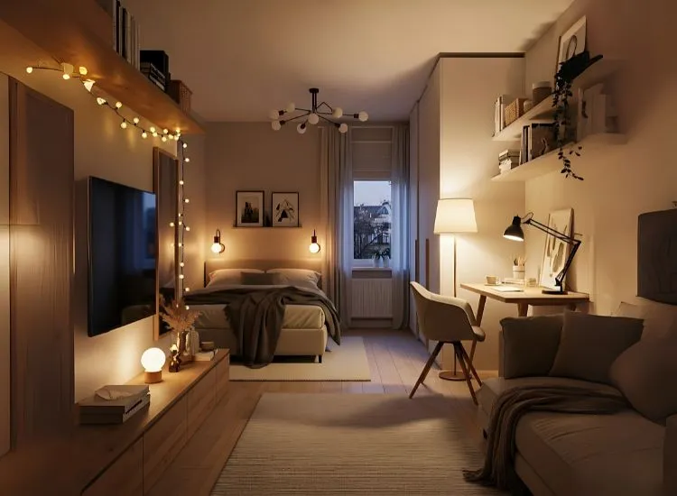 Lighting as a Natural Divider Studio apartment studio using lighting as a natural divider — innovative studio apartment room ideas and decorating solutions for small spaces.