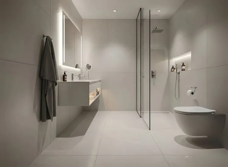 Master Bathroom Large Format Tiles Elegant small bathroom design ideas featuring large-format tiles and seamless flooring to enhance spaciousness and style.