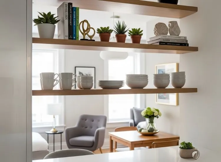 Open Shelving That Elevates Studio Studio apartment decorating ideas featuring open shelving — stylish and functional studio apartment interior ideas for vertical space utilization.