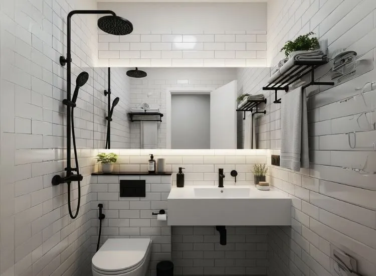 Small Bathroom Design Ideas in Action Real-life small bathroom design ideas in a Mumbai flat featuring monochrome tones and a mirror wall for a spacious effect.
