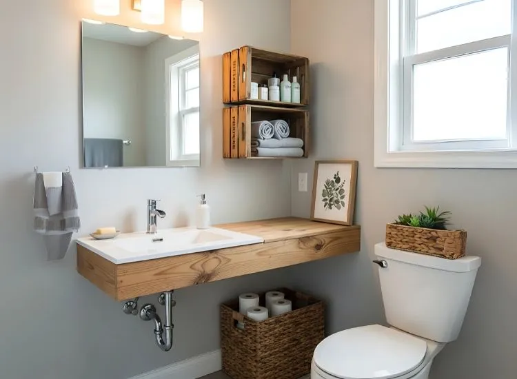 Small Bathroom Using Wooden Crates or Baskets for Storage Smart small bathroom ideas featuring repurposed wooden crates or baskets as creative storage solutions for compact spaces.