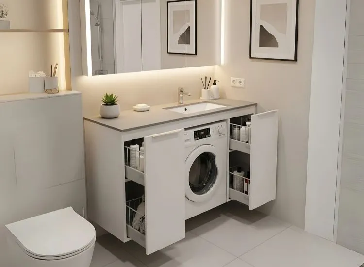 Small Bathroom Vanity with Built In Laundry Innovative bathroom designs ideas with vanity units that include integrated laundry baskets for organized small bathroom spaces.