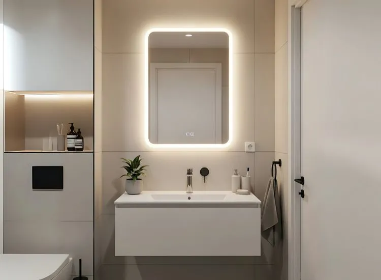 Small Bathroom with Backlit Mirror Chic small bathroom design ideas featuring backlit mirrors to add depth, brightness, and a modern touch to compact spaces.