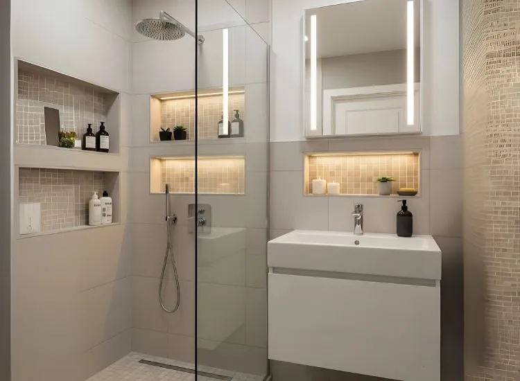 Small Bathroom with Built In Niches and Recessed Shelves Clever small bathroom design ideas featuring built-in niches and recessed shelves for sleek, space-efficient storage solutions.